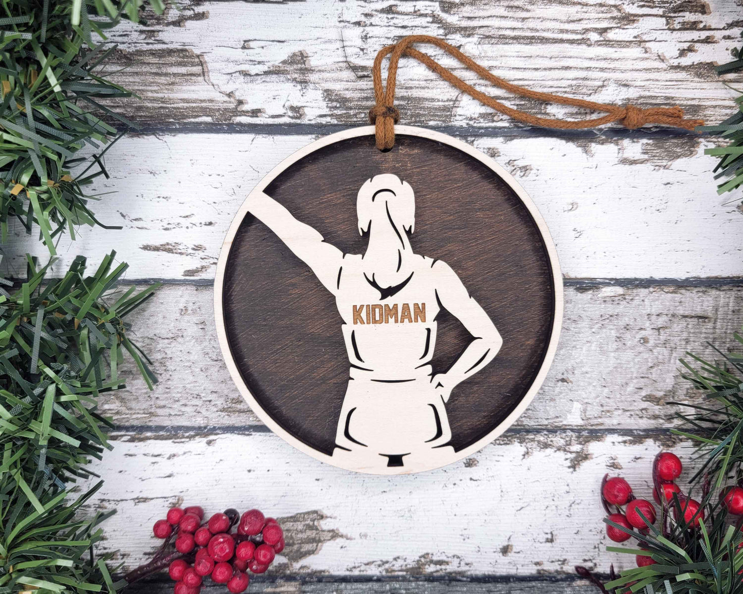 Cheerleading Ornament – Female – Laser Engraved Wood Ornament | 4.5″ Round with Twine + Beads | Packaged in Organza Bag