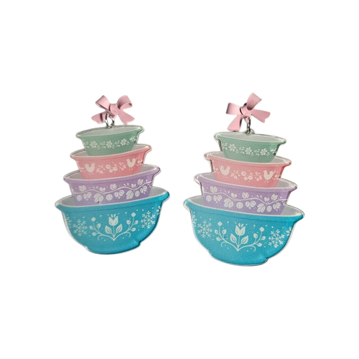 Vintage Pyrex-Inspired Stacked Mixing Bowl Earrings – Retro Pastel Dangles