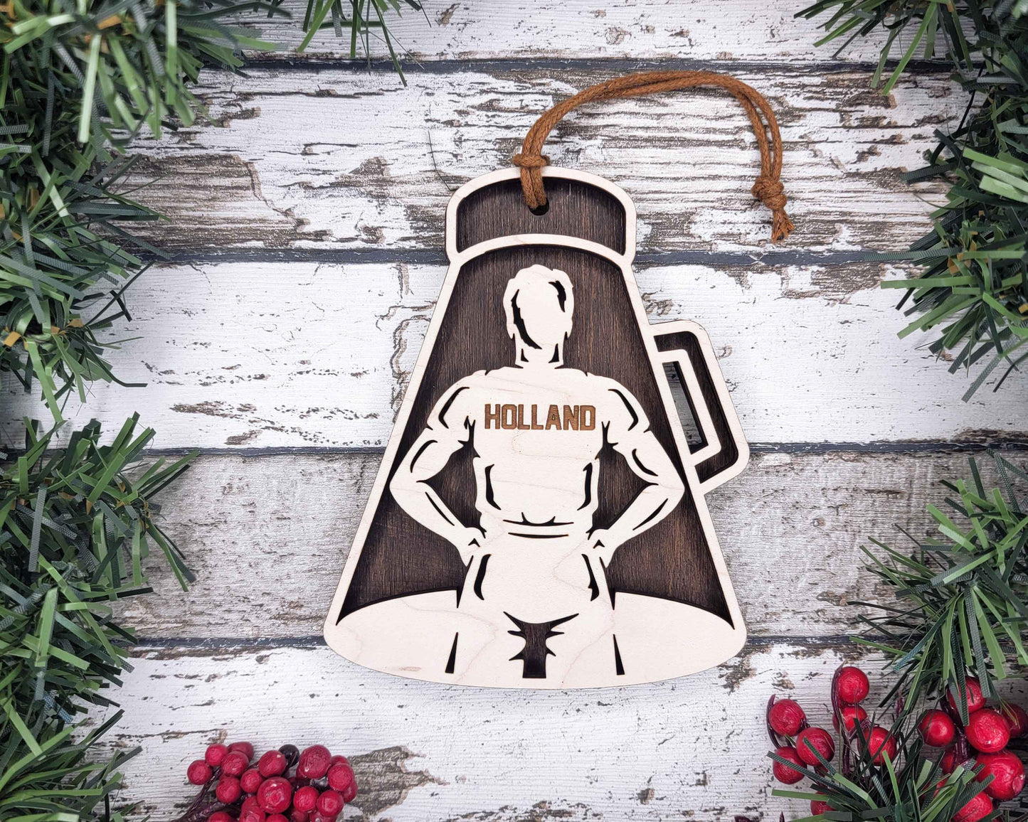 Cheerleading Ornament – Male – Laser Engraved Wood Ornament | 4.5″ Round with Twine + Beads | Packaged in Organza Bag