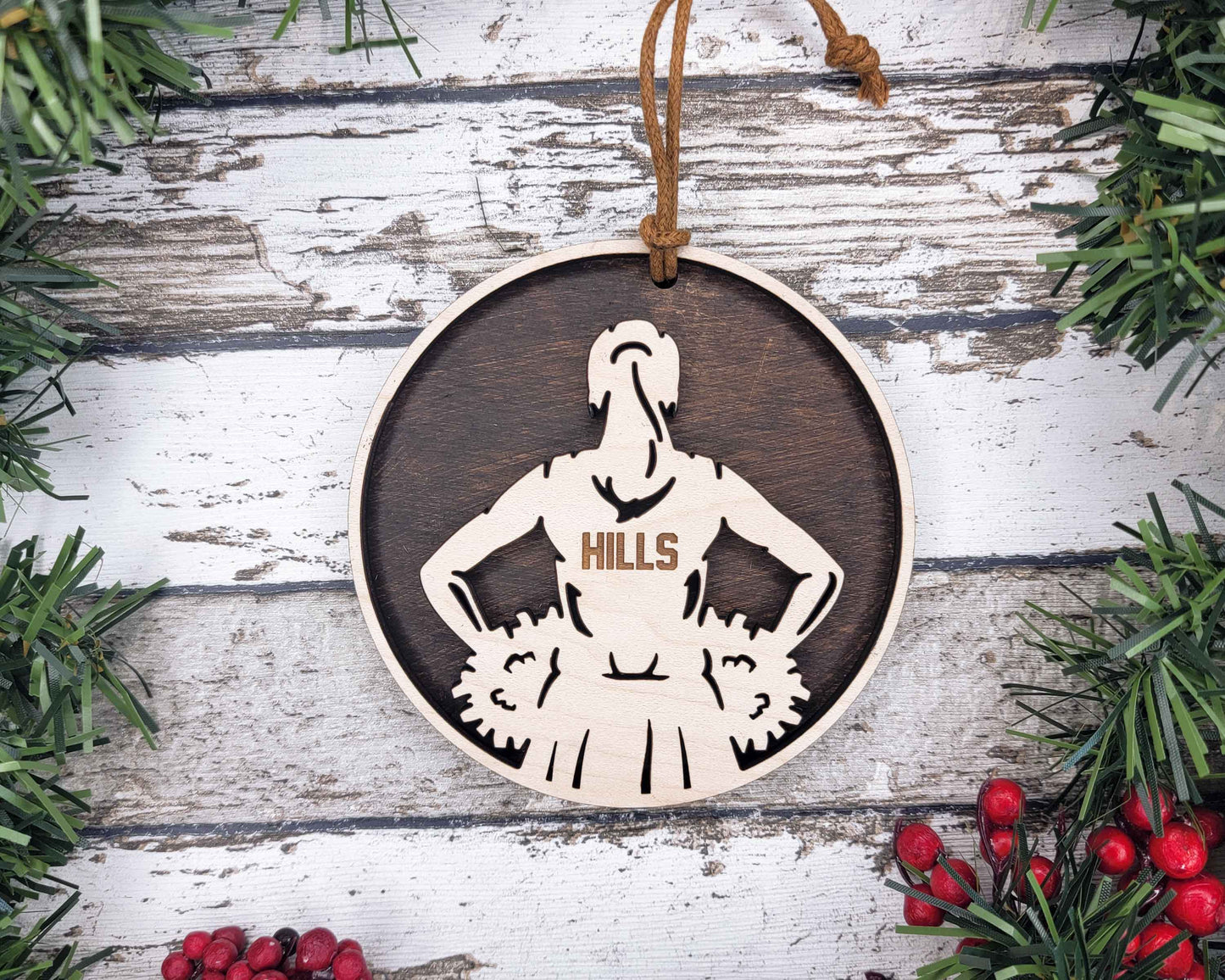 Cheerleading Ornament – Female – Laser Engraved Wood Ornament | 4.5″ Round with Twine + Beads | Packaged in Organza Bag