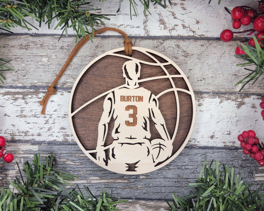 Basketball Stadium Ornament – Male – Laser Engraved Wood Ornament | 4.5″ Round with Twine + Beads | Packaged in Organza Bag