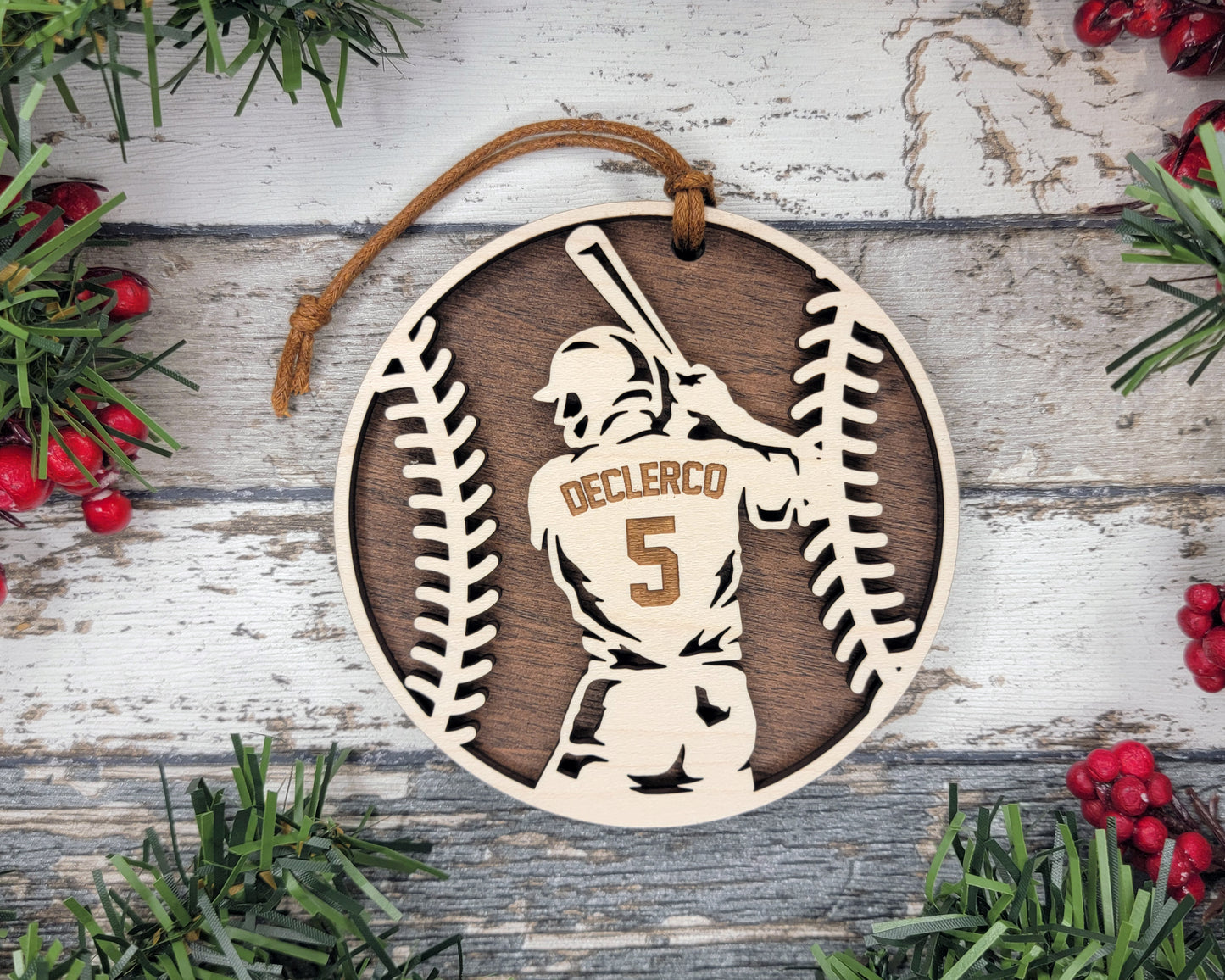 Baseball Ornament – Male – Laser Engraved Wood Ornament | 4.5″ Round with Twine + Beads | Packaged in Organza Bag