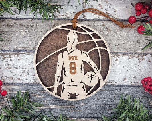 Basketball Stadium Ornament – Female – Laser Engraved Wood Ornament | 4.5″ Round with Twine + Beads | Packaged in Organza Bag