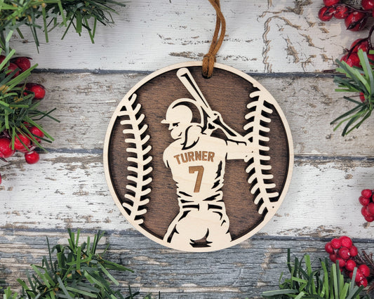 Baseball Ornament – Female – Laser Engraved Wood Ornament | 4.5″ Round with Twine + Beads | Packaged in Organza Bag