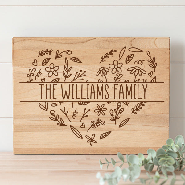 Floral Heart Personalized Laser Engraved Cutting Board