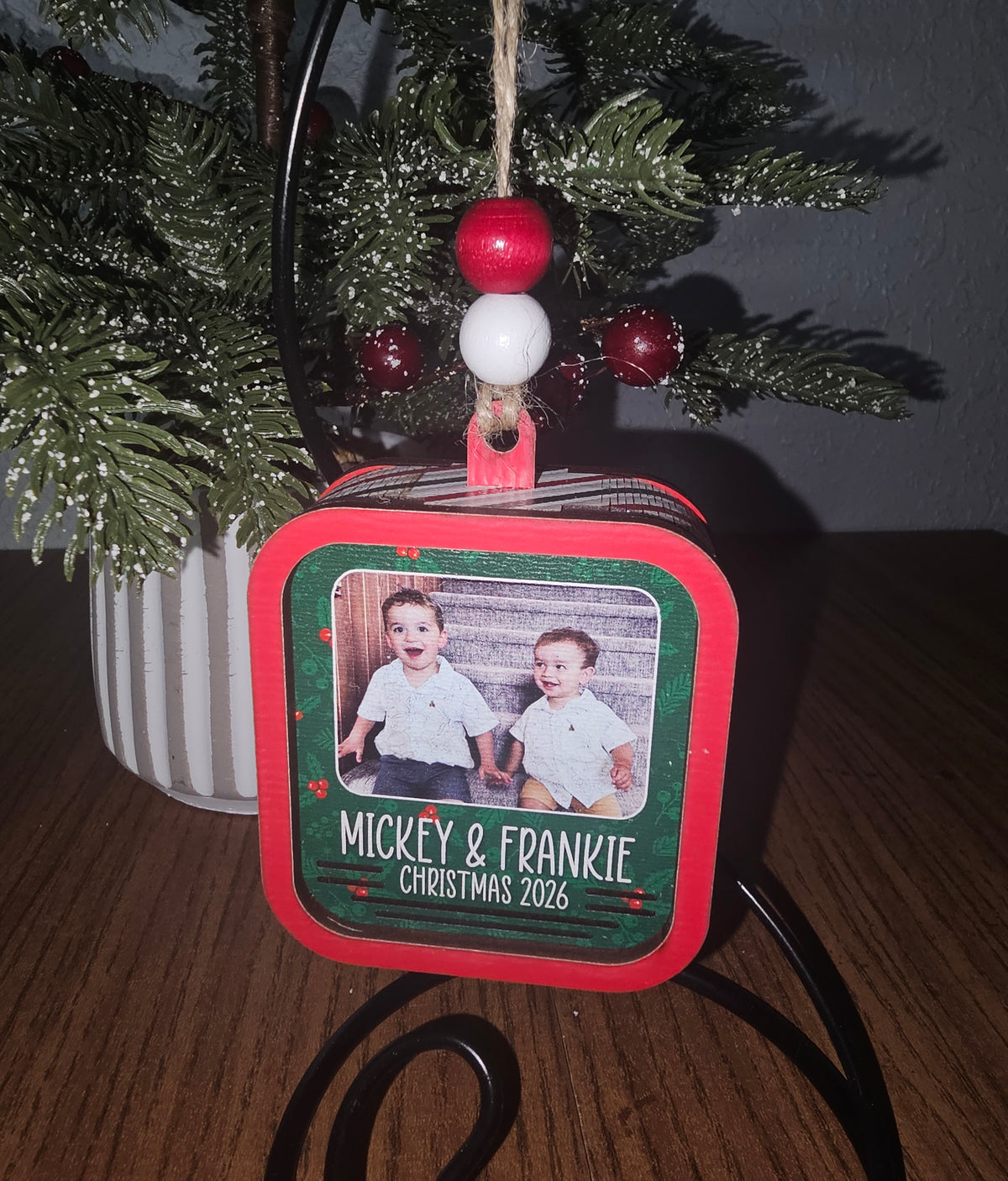 Green Holly Photo Christmas Ornament with recorder